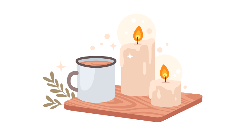 Graphic of board with cup of cocoa and two lit candles