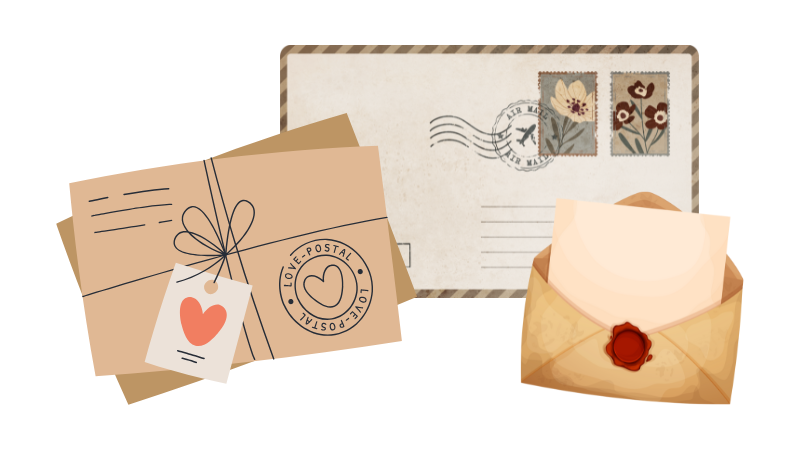 Graphic of postcards, an air mail envelope and an open letter