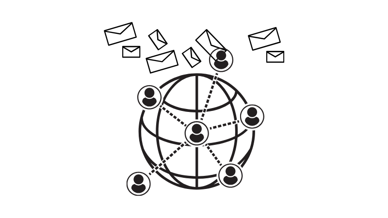 Icon of people around the globe underneath a cloud of envelopes