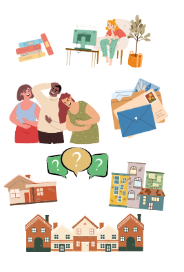 Image of books, person watching TV, laughing people, letters, various types of homes and a group of question marks